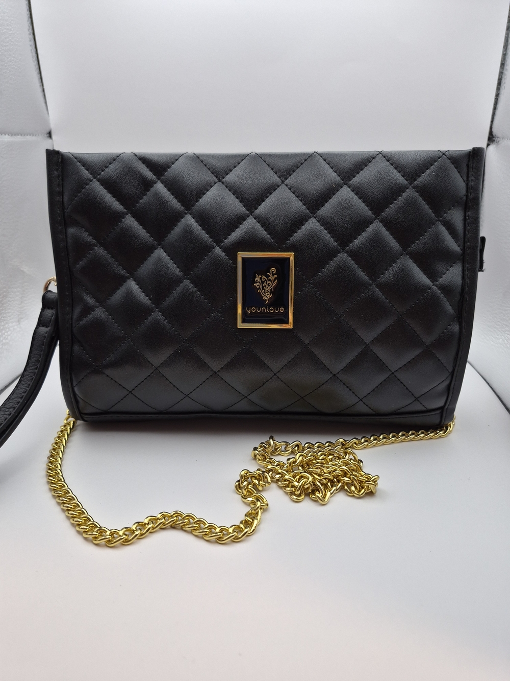 Younique Black Quilted Crossbody with Gold Chain Strap
